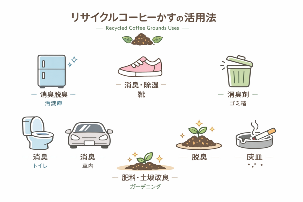 冷蔵庫、靴、トイレ、車、ゴミ箱などのアイコンを配置したインフォグラフィック風の画像。
