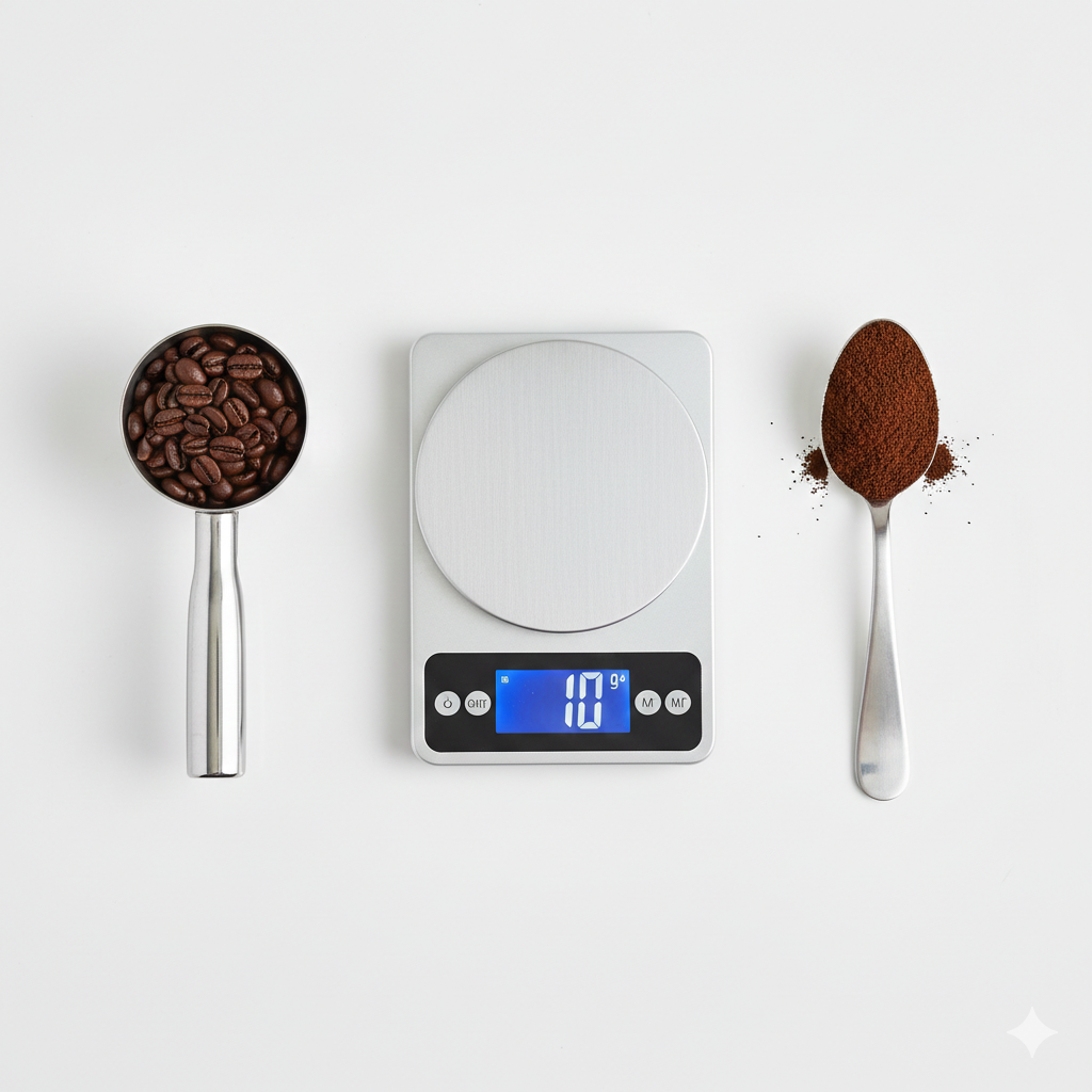 天秤（バランススケール）のイラスト。片方にコーヒー豆10g、もう片方にお湯150mlが乗っており、釣り合っている様子。