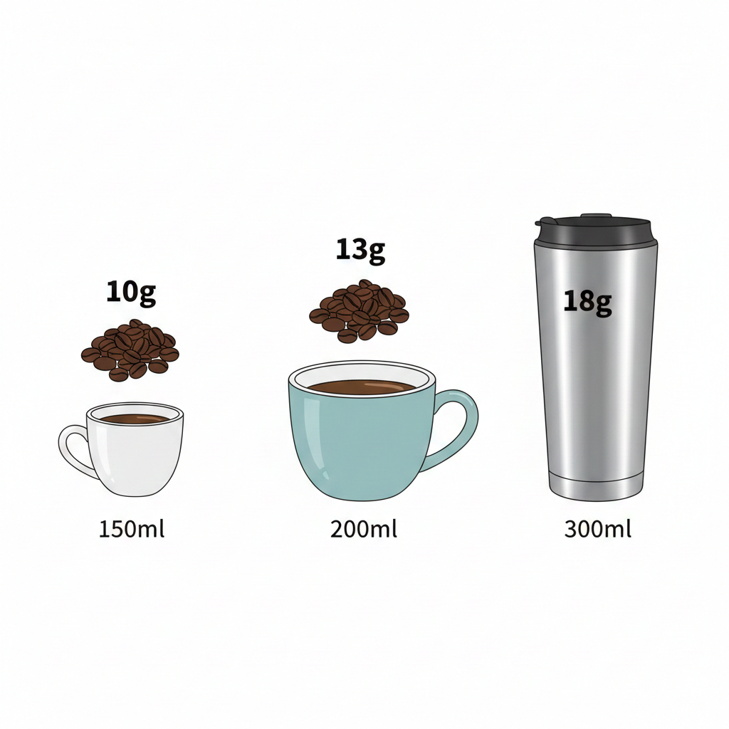 コーヒーカップ（10g）、マグカップ（13g）、タンブラー（18g）を並べ、それぞれの豆の量の違いがわかるイラスト。
