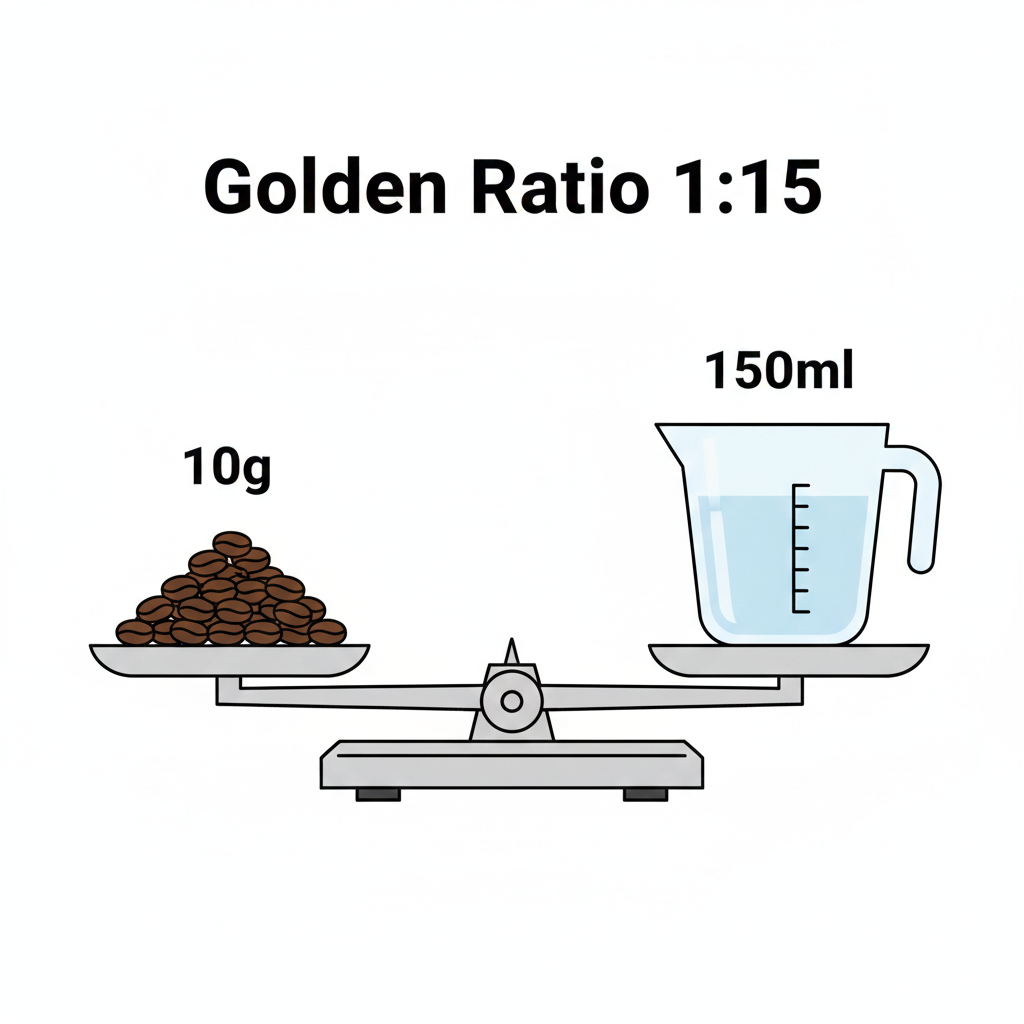 天秤（バランススケール）のイラスト。片方にコーヒー豆10g、もう片方にお湯150mlが乗っており、釣り合っている様子。