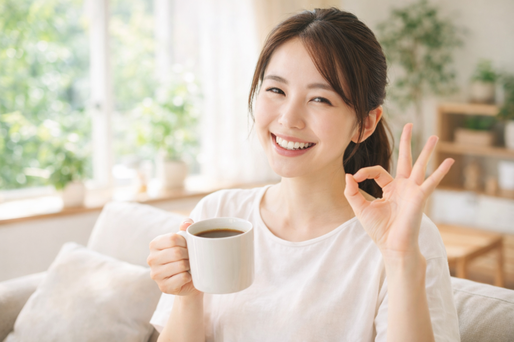 明るく健康的な雰囲気のシーン。リラックスした笑顔の女性が、片手にマグカップに入ったコーヒーを持ち、もう片方の手で「OK」サインを出している