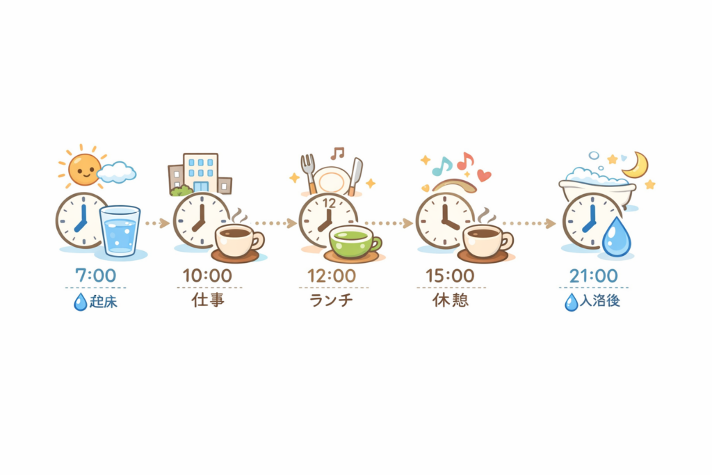 1日のスケジュールを表す横長のタイムラインイラスト