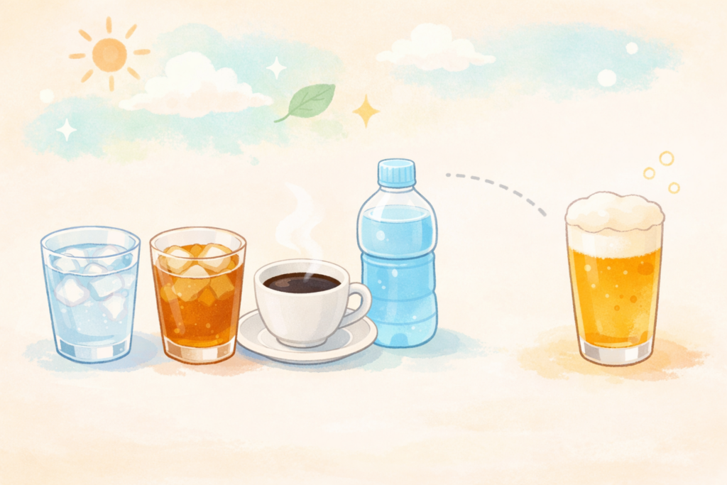 水、麦茶、コーヒー、スポーツドリンクが並び、アルコール（ビール）だけが少し離れた位置