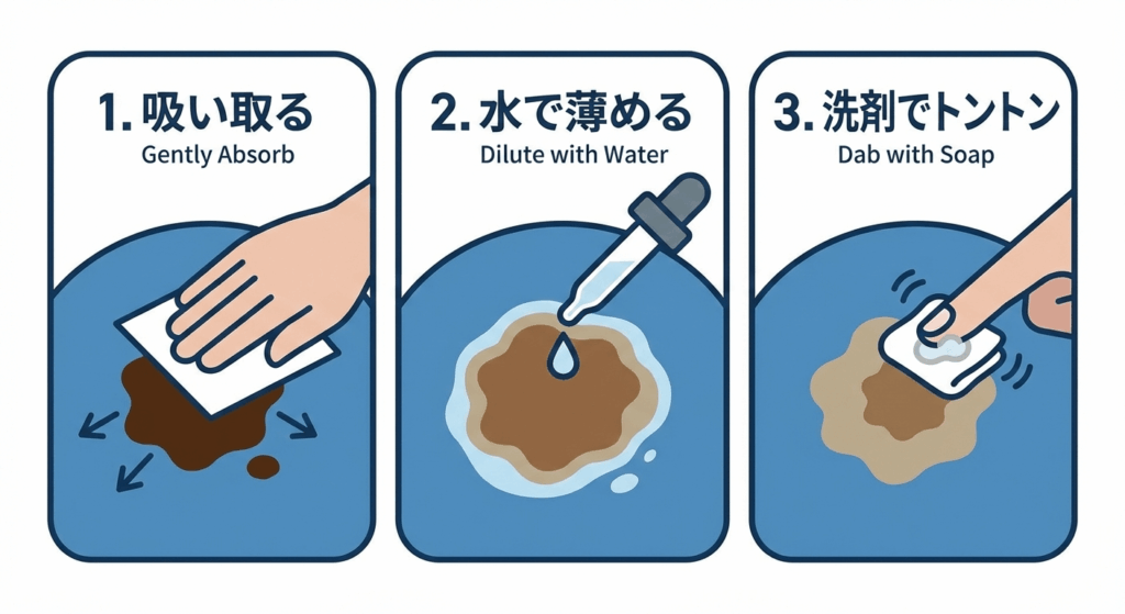 3ステップ(吸い取る→水で薄める→洗剤)のフローチャートイラスト。