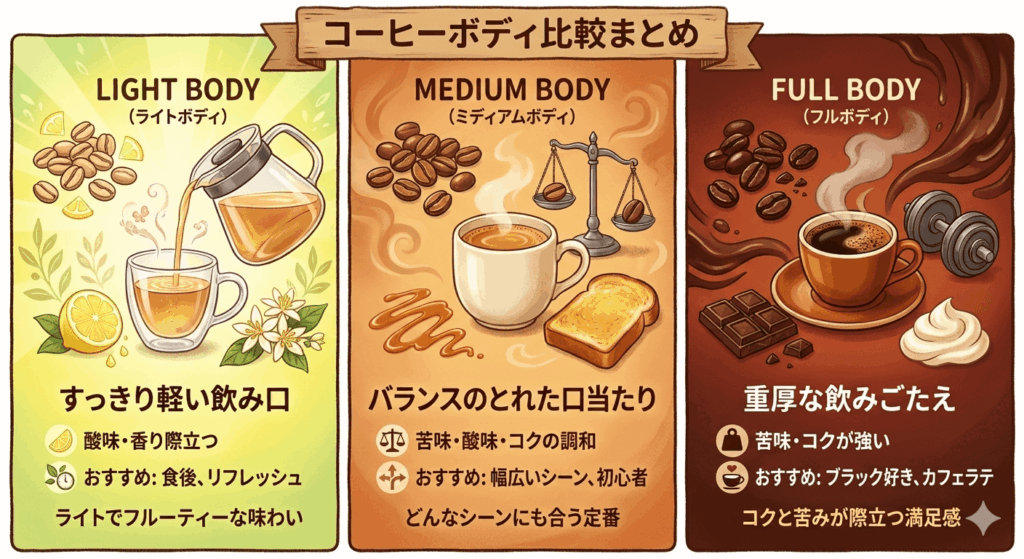 フルボディ、ミディアムボディ、ライトボディの特徴、味わい、おすすめシーンをまとめた比較イラスト表。