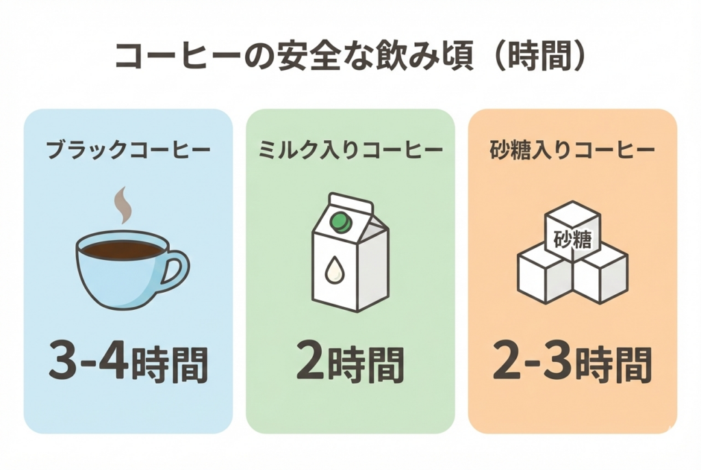 ブラック、ミルク入り、砂糖入りの3種類について、安全な時間(3時間、2時間など)をバーチャートやアイコンで示したインフォグラフィック。
