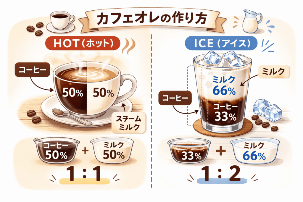 コーヒーと牛乳の黄金比率図解。ホットは1対1、アイスは1対2の割合目安。