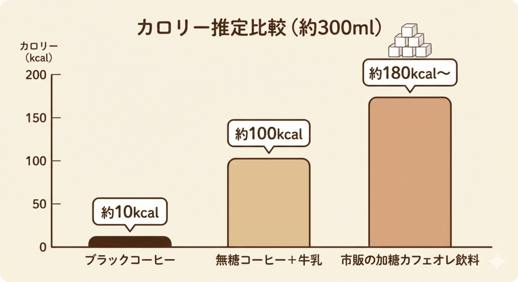 コーヒーの飲み方別カロリー比較図。ブラック、無糖牛乳割り、市販加糖タイプの目安。