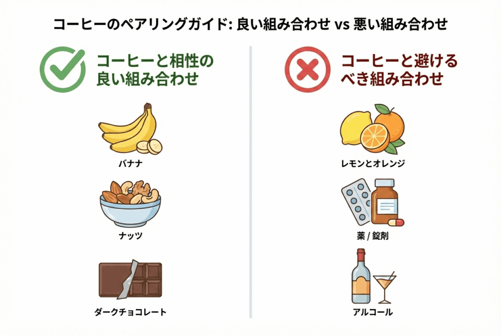 コーヒーとの食べ合わせが良い食品(バナナ・ナッツ)と悪い食品(柑橘類・薬)の比較リスト