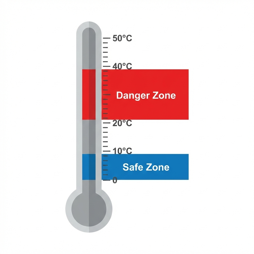 温度計のイラスト。20℃〜40℃の部分が赤く(危険ゾーン)、10℃以下が青く(安全ゾーン)塗られている図。
