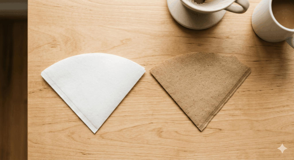 漂白（白）と無漂白（茶色）のコーヒーペーパーフィルターの比較