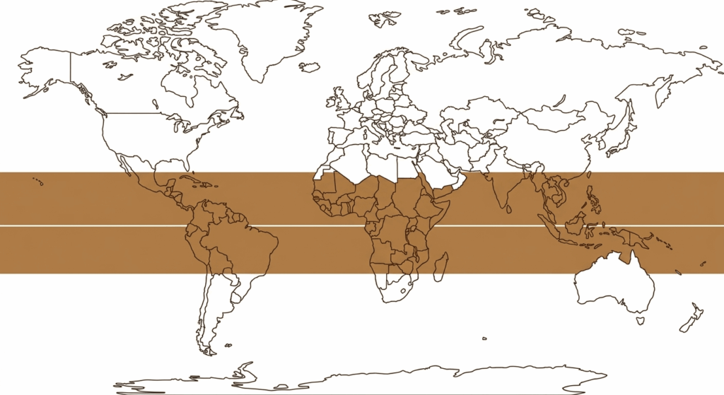 コーヒー豆の栽培に適した赤道直下のエリア「コーヒーベルト」の世界地図