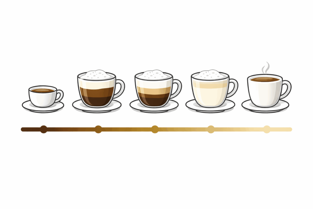 エスプレッソからカフェモカまで、コーヒーメニューの苦みレベルを比較したスケール図