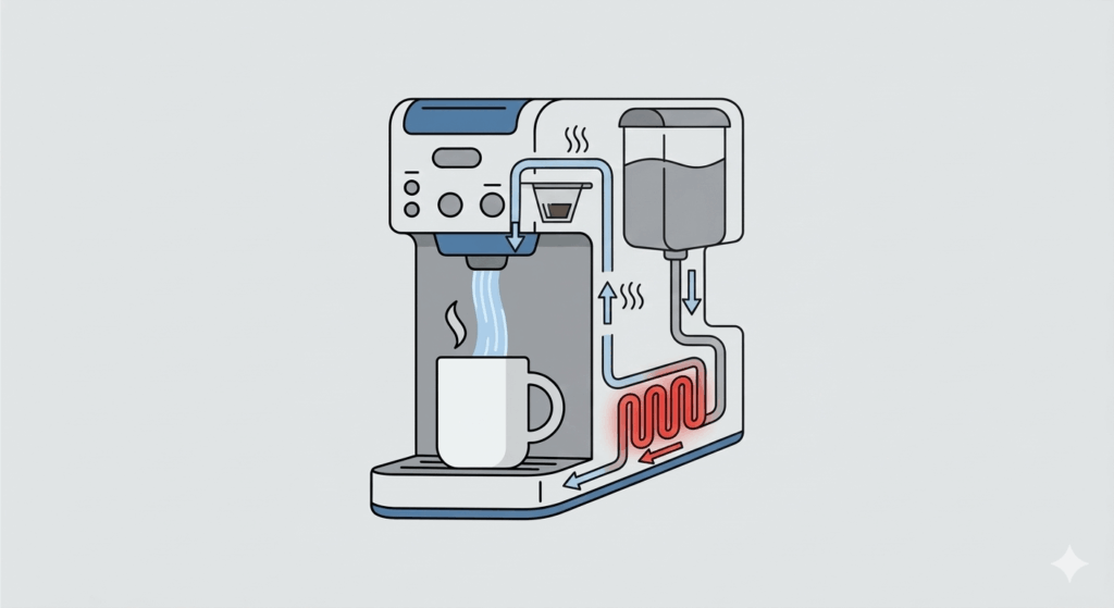 コーヒーメーカーのタンクから内部ヒーターを通してお湯が沸く仕組みの図解