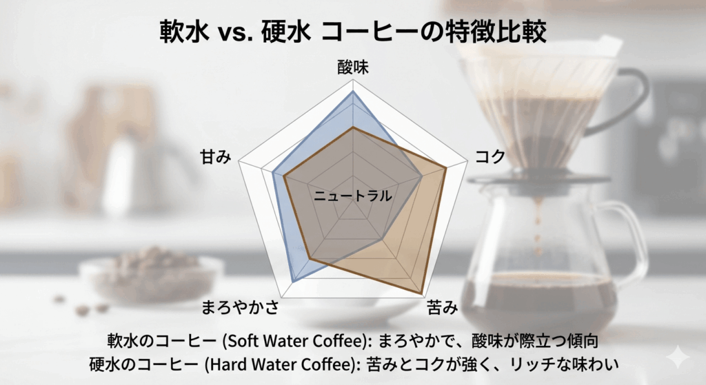 軟水コーヒー(酸味・まろやかさ)と硬水コーヒー(苦み・コク)の味の特徴を比較したレーダーチャート