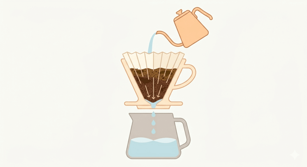 ペーパーフィルターがコーヒーの油分と雑味をキャッチする仕組みの図解