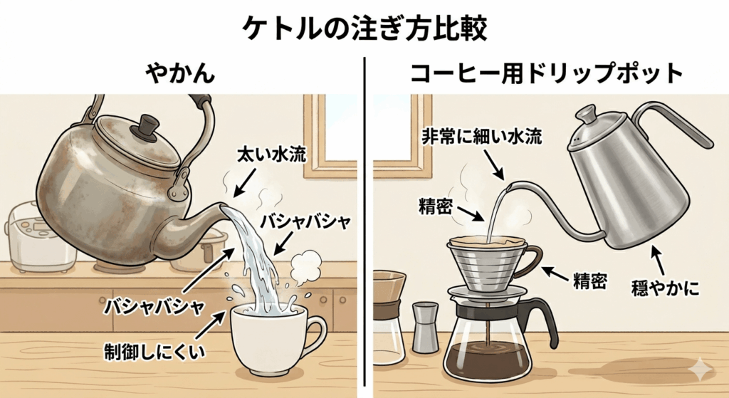 やかんでお湯を注ぐ様子と専用のドリップポットで細くお湯を注ぐ様子の比較