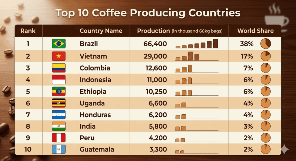 最新データに基づく世界のコーヒー生産量ランキングTOP10国別シェア一覧表
