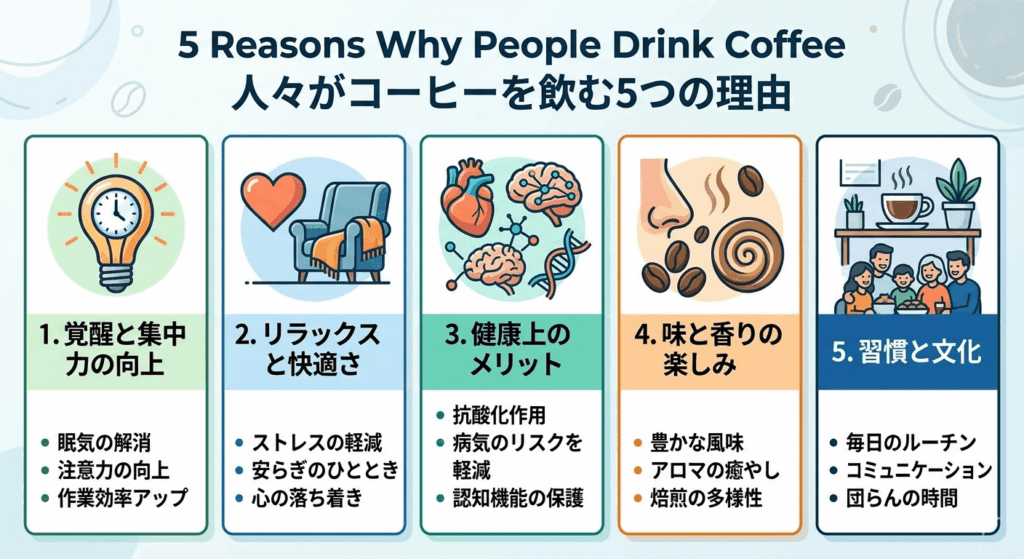人がコーヒーを飲む5つの理由をまとめたインフォグラフィック
