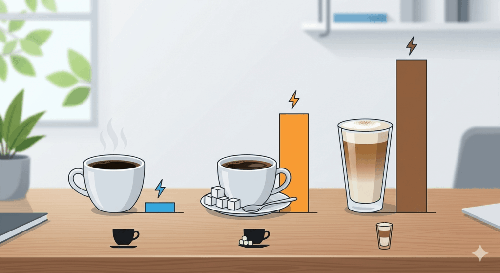 ブラックコーヒー、砂糖入りコーヒー、カフェラテのカロリー比較グラフ