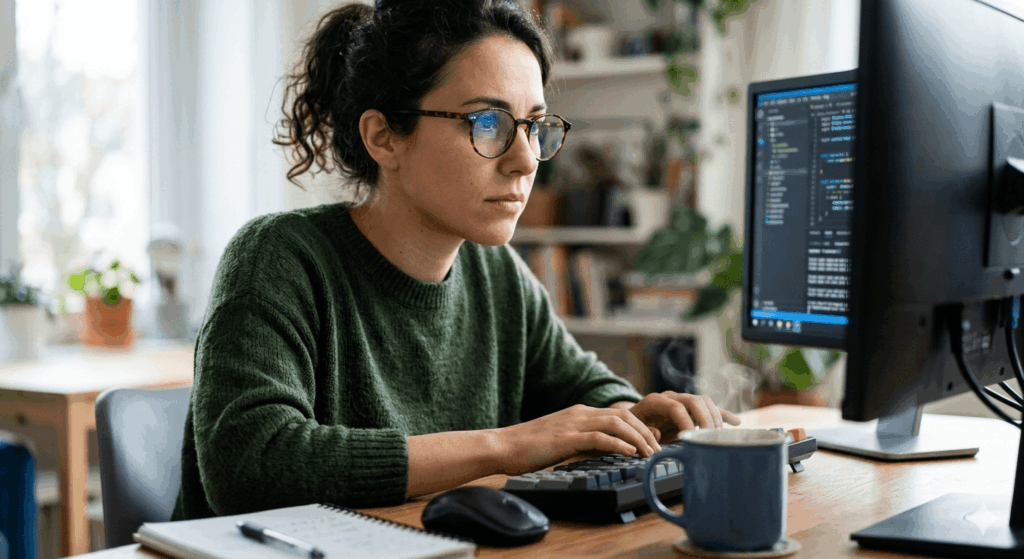 コンピュータの前で集中して作業する人物とコーヒー