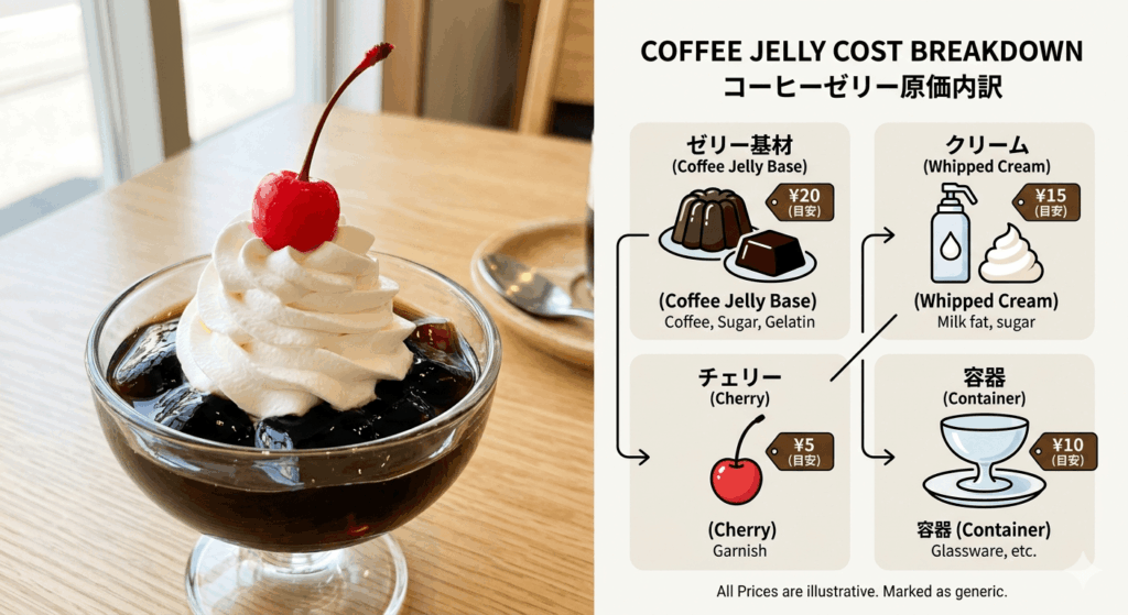 コーヒーゼリーの原価構成（ゼリー基材、クリーム、チェリー、容器）を示す画像