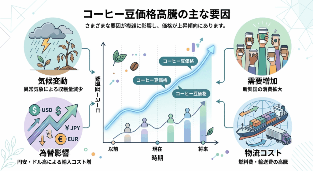 コーヒー豆価格の高騰要因を示す図解（気候変動、需要増加、物流コスト、為替）
