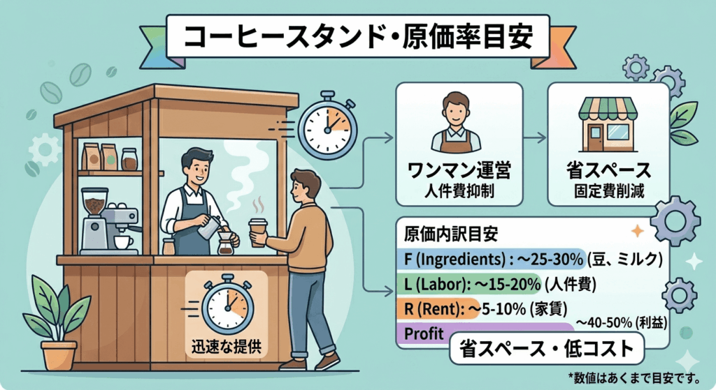 コーヒースタンドの省スペース・低コストを示す図