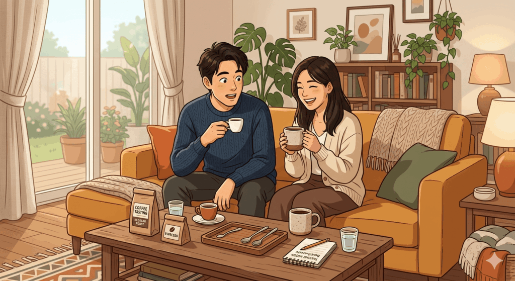 自宅でエスプレッソとドリップコーヒーを飲み比べる30代夫婦の体験談イラスト