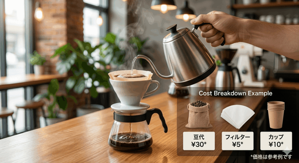ドリップコーヒーの原価内訳（豆代、フィルター、カップ）を示す画像