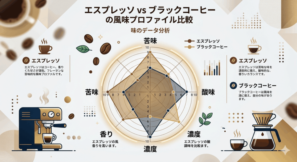 エスプレッソとブラックコーヒーの苦味・濃度・香りを比較したレーダーチャート
