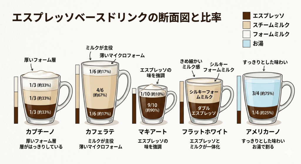 カプチーノ・カフェラテ・マキアートなどエスプレッソ系ドリンク全11種のミルク比率図解