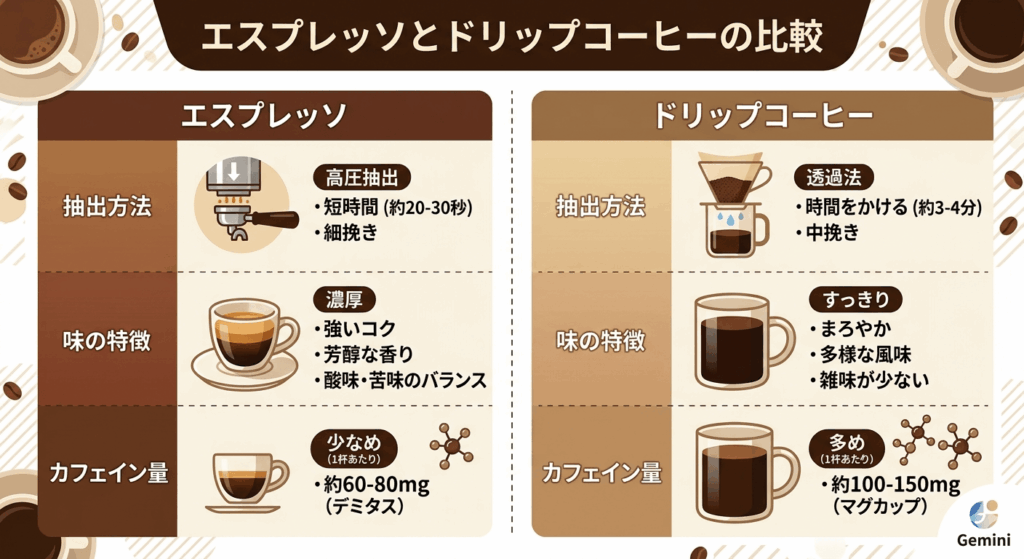 エスプレッソとドリップコーヒーの違いを図解で解説