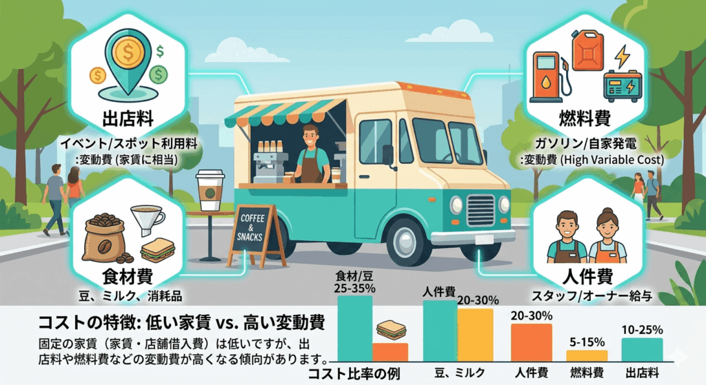 キッチンカーの運営コスト（出店料、燃料費、食材費、人件費）を示す図