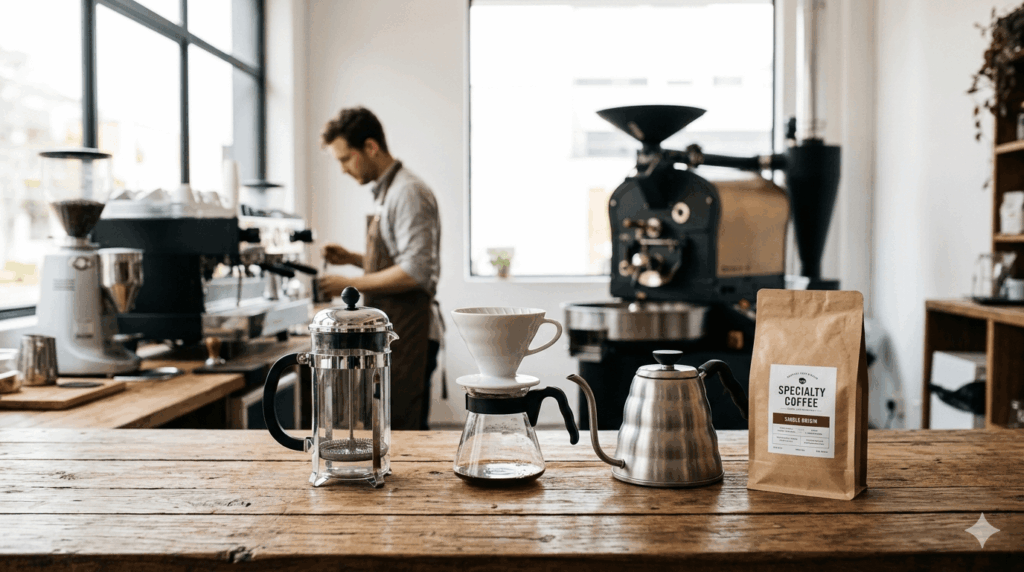 様々な器具とこだわりのコーヒー豆が並ぶ、質の高いコーヒーをイメージした画像