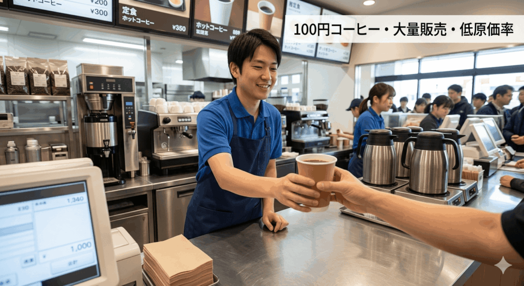 100円コーヒーの大量販売・低原価率をイメージした画像