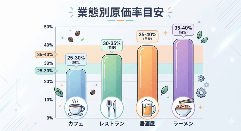 業態別の原価率目安（カフェ、レストラン、居酒屋、ラーメン）を示す棒グラフ
