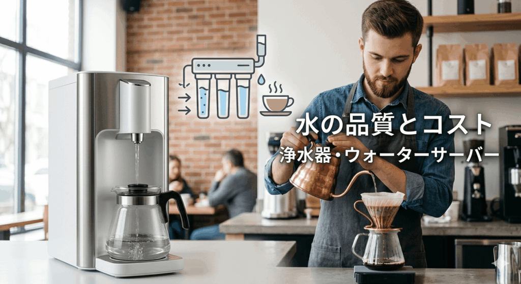 清潔なウォーターサーバーとドリップコーヒーの画像（水の品質とコスト）