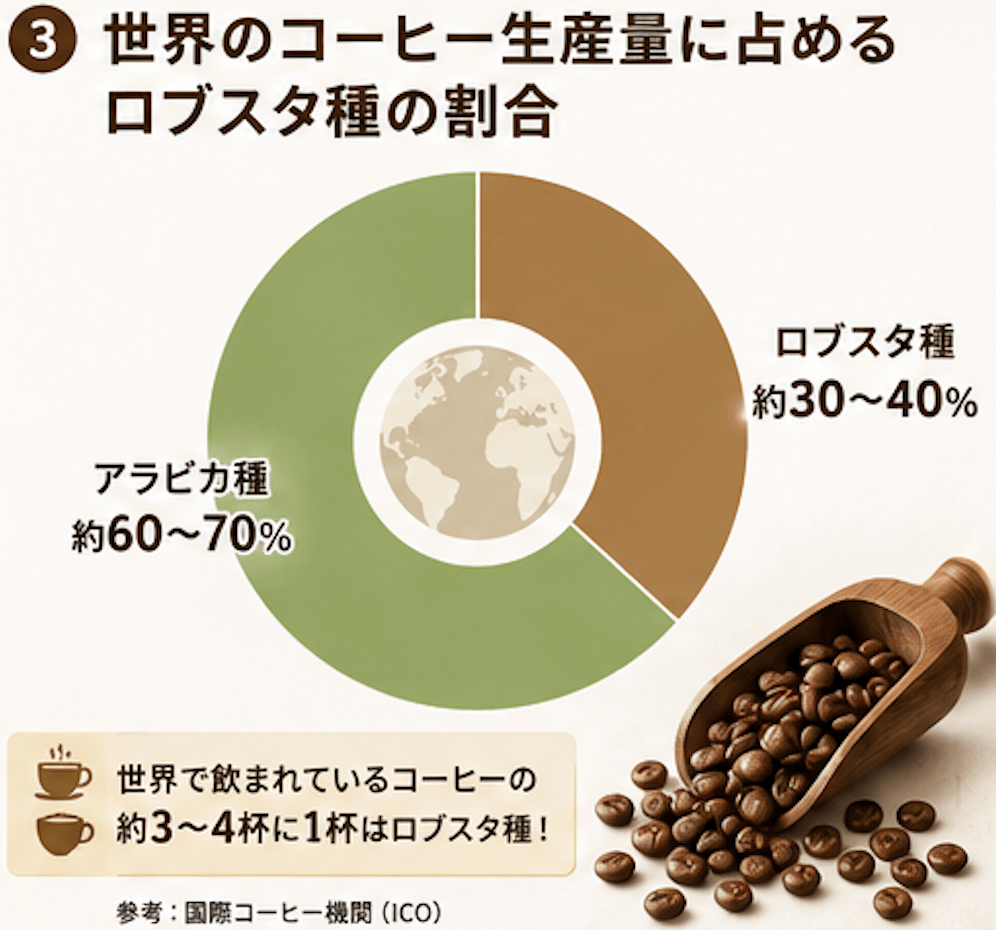 世界のコーヒー生産量に占めるロブスタ種の割合