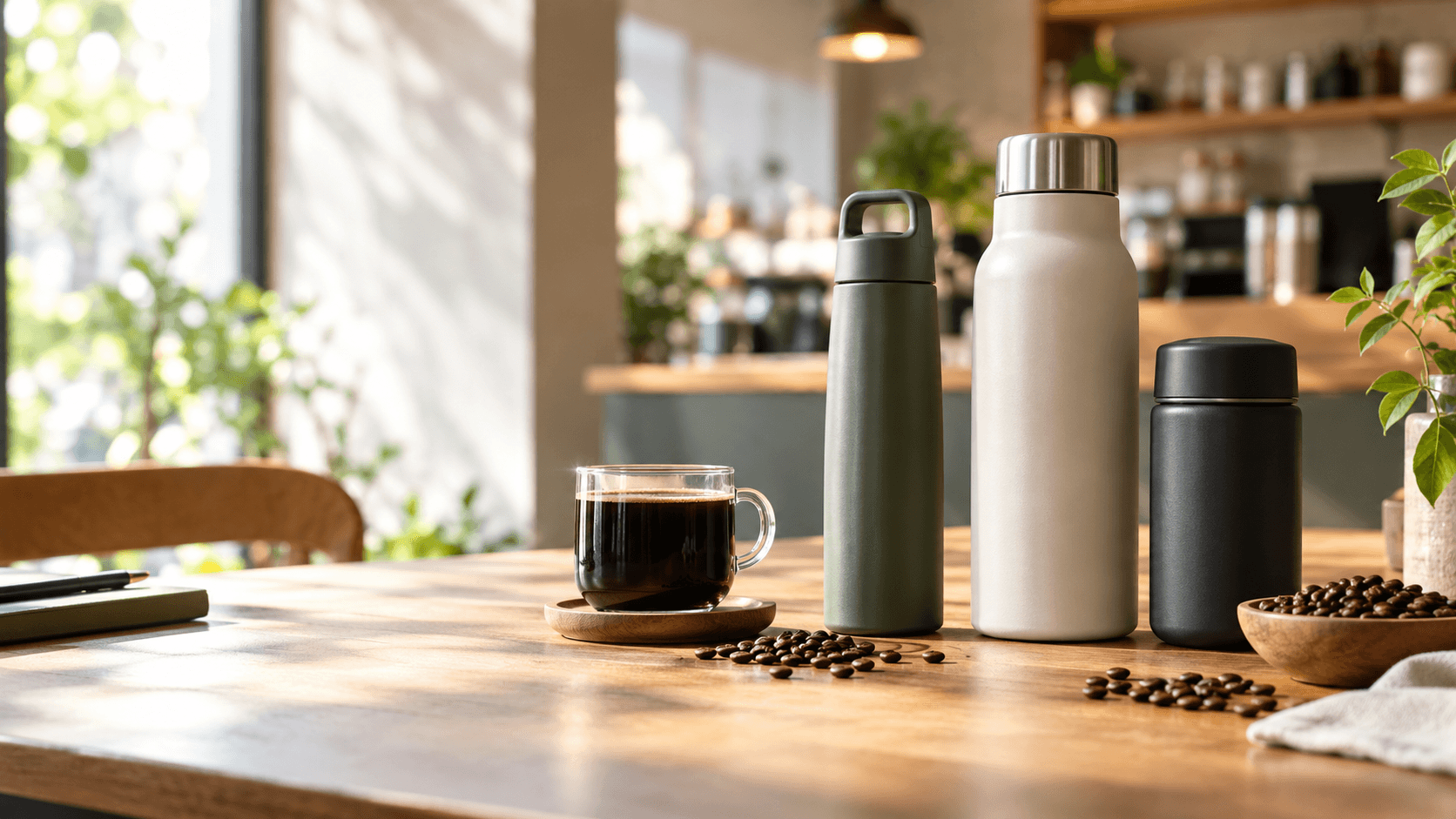 カフェのテーブルに並べた3種類のコーヒーボトルとコーヒー豆