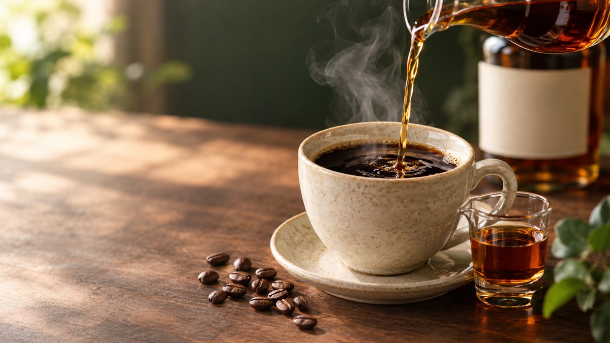 コーヒーにラム酒を注ぐ様子。コーヒーとラム酒の組み合わせを楽しむイメージ