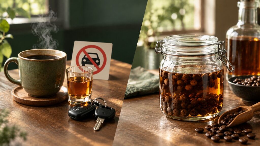 	コーヒーにラム酒を入れる際の注意点。飲酒運転防止を示す車のキーと禁止サイン、自家製コーヒーラム酒の仕込み瓶