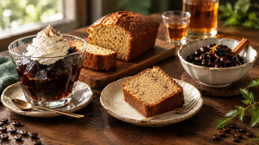 	コーヒーとラム酒で作るスイーツと料理。生クリームを添えたコーヒーゼリー、コーヒーパウンドケーキ、ラム酒風味の黒豆
