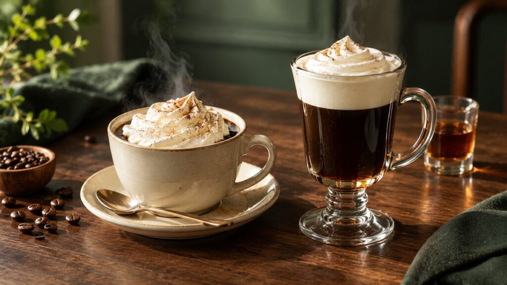 	ラム酒を使ったウインナーコーヒーとアイリッシュコーヒー風のアレンジ。ホイップクリームをのせた温かいコーヒー
